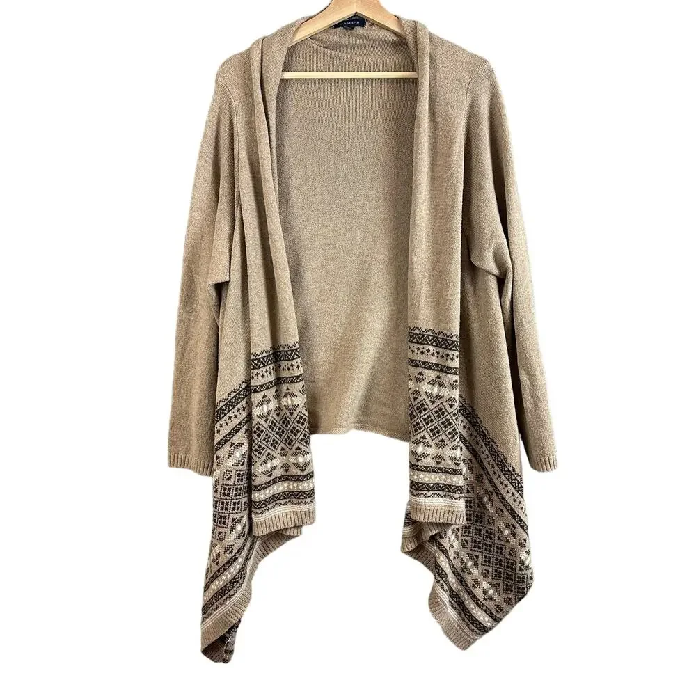 Lands End Open Front Fair Isle Cardigan Sweater Wool Blend LP PL L Petite 14 16